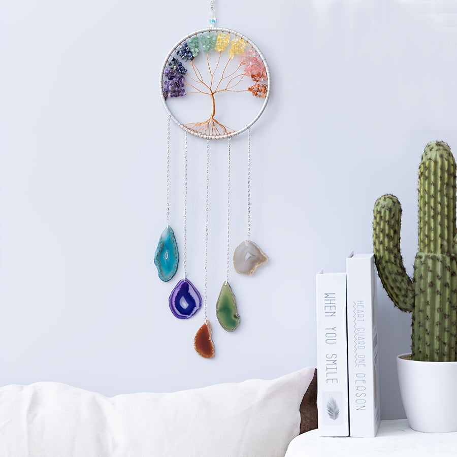 Crystal Dream Catcher Wind Chime Wall Art Handmade Rainbow Beads Tree Motif Boho Wall Hanging for Living Room Bedroom Wedding Christmas Gift