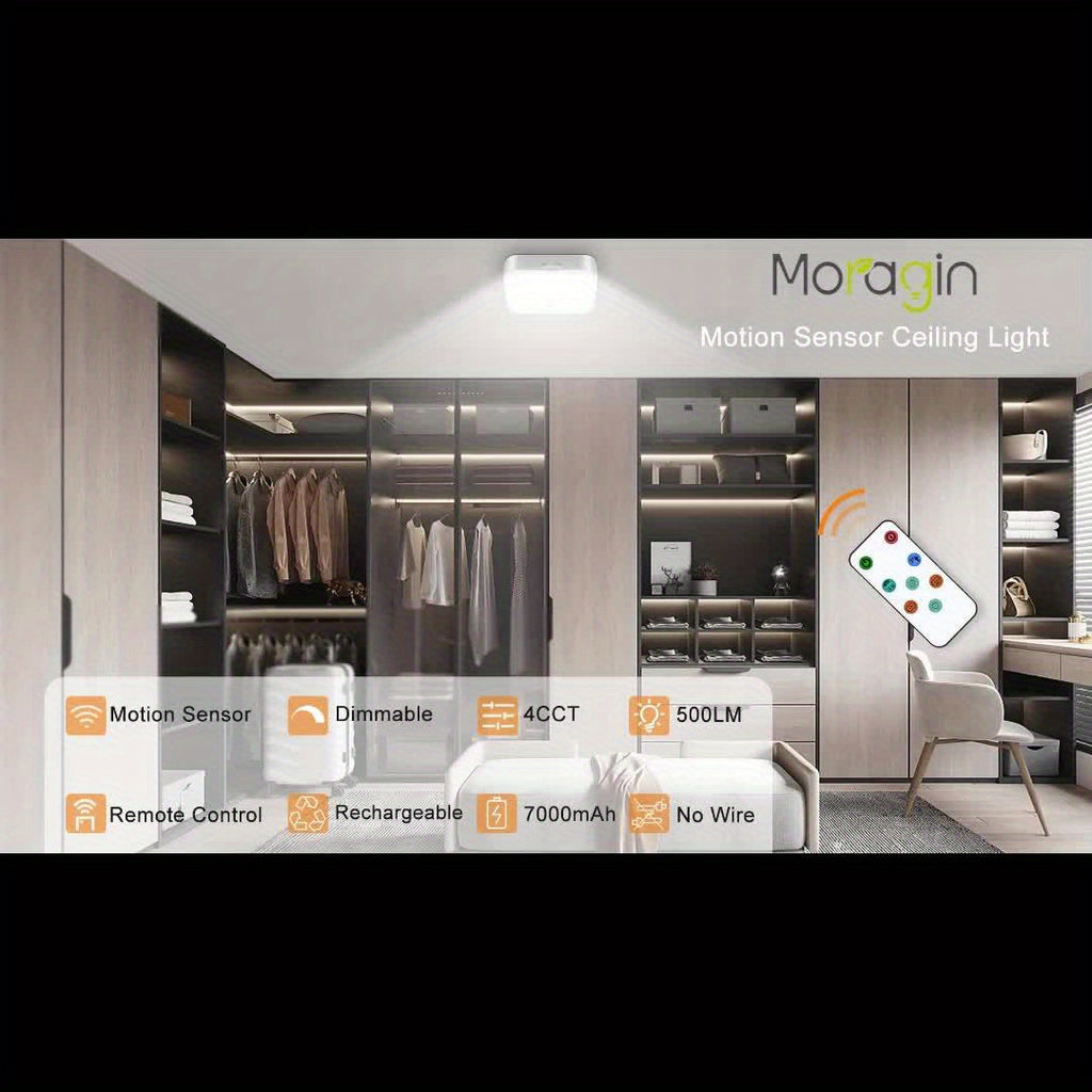 Rechargeable Motion Sensor Ceiling Light with Remote – 5 Brightness Levels 4 Color Temperatures Dimmable Wireless LED Light for Closet Shower Pantry Hallway Porch Shed