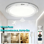 Rechargeable LED Ceiling Lamp with Motion Sensor – 3 Color Modes, 10 Brightness Levels, Remote Control & Timer – Battery-Powered Semi Flush Mount for Living Room, Kitchen & Bathroom