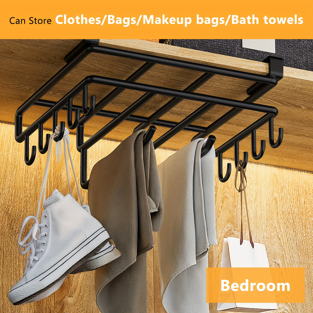 Under Cabinet Cutting Board Rack No-Drill – Carbon Steel Chopping Board Holder with Double-Row Hooks for Kitchen Utensils, Paper Towels & Spatulas | Multi-Use Under-Cabinet Storage Organizer