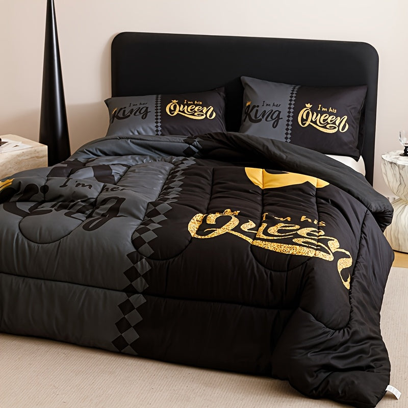 3-Piece Comforter Set Black Grey Color Block Crown Letter Print, Soft Breathable 180GSM Quilted Bedding Set with 2 Pillowcases, Digital Printing, Twin Full Queen King for Bedroom & Dorm