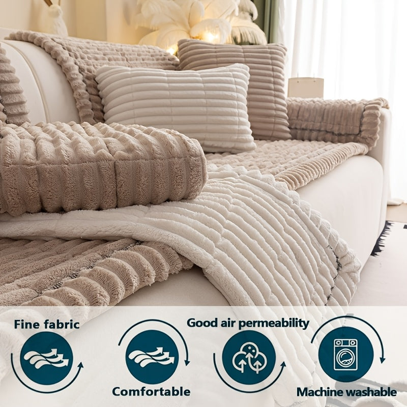 Boho Plush Sofa Cover with Ruffled Edges – Thick Warm Pet-Friendly Couch Protector, Bohemian Style Home Decoration Slipcover for Living Room Sofa Couch Furniture