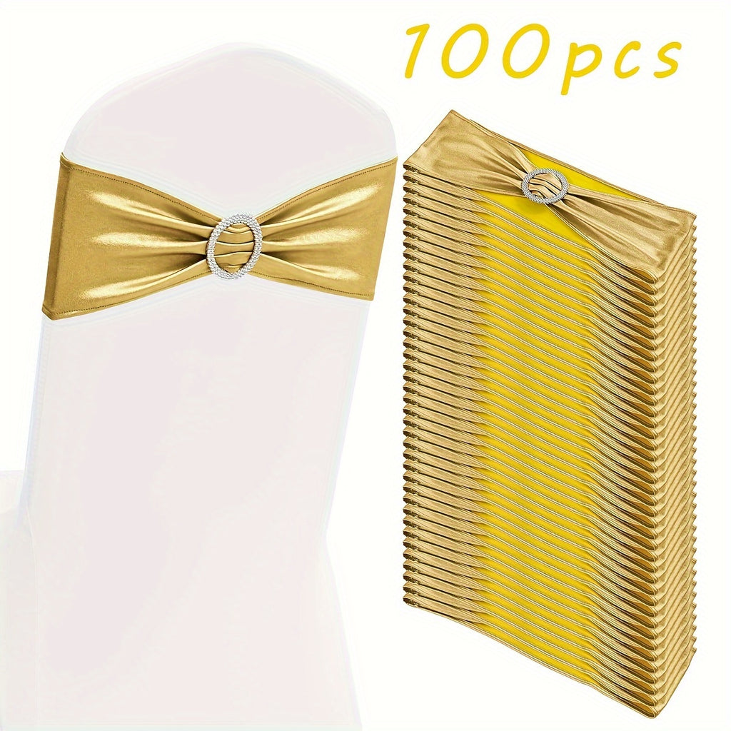 100pcs Metal Spandex Chair Bow Buckle Sliders – Stretchable Elastic Seat Strap Fasteners for Wedding, Party & Banquet Chair Decorations | Gold, Silver, Rose Gold & More