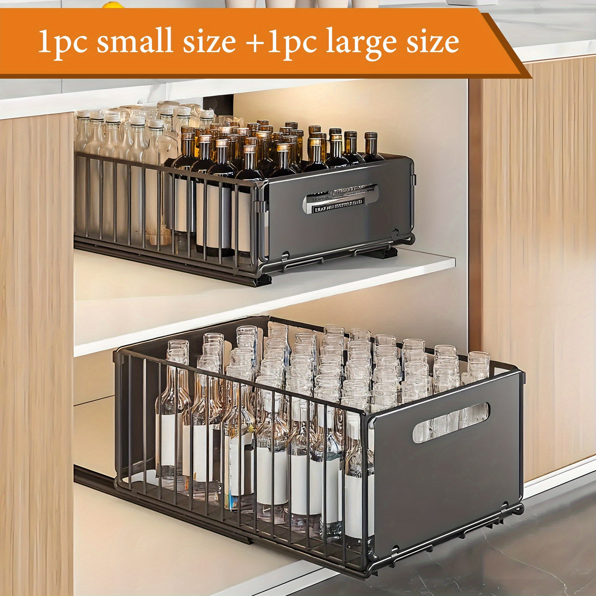 Cabinet Pull-Out Storage Basket 2pcs – Sliding Under-Sink Organizer, Spice Rack & Pantry Shelf Basket for Kitchen, Bathroom & Household Storage