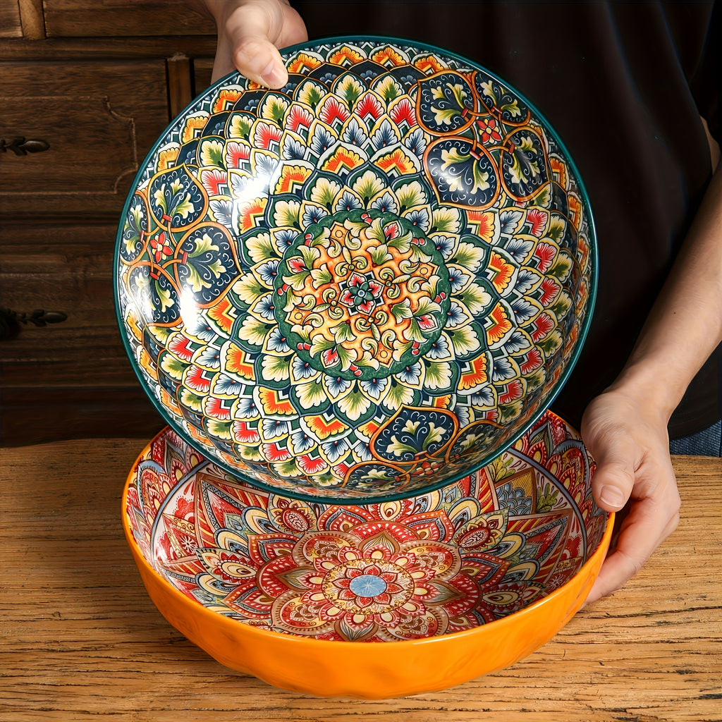 Bohemian Floral Ceramic Soup Bowl Set of 2 – Hand-Painted Vintage Tableware, Microwave Safe, 10.15in | Festive Gift