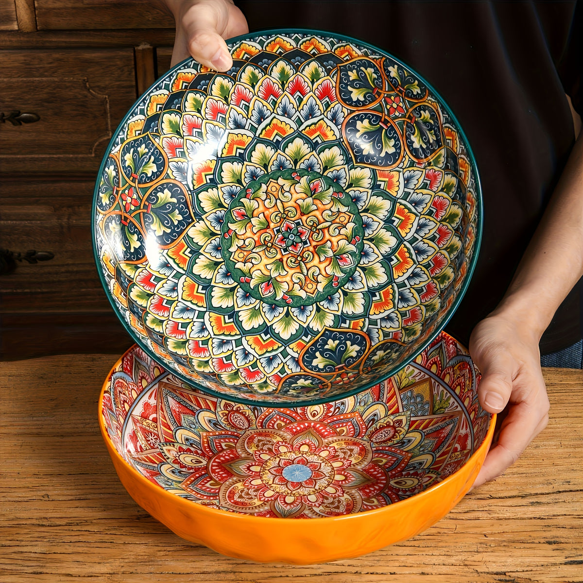 Bohemian Floral Ceramic Soup Bowl Set of 2 – Hand-Painted Vintage Tableware, Microwave Safe, 10.15in | Festive Gift