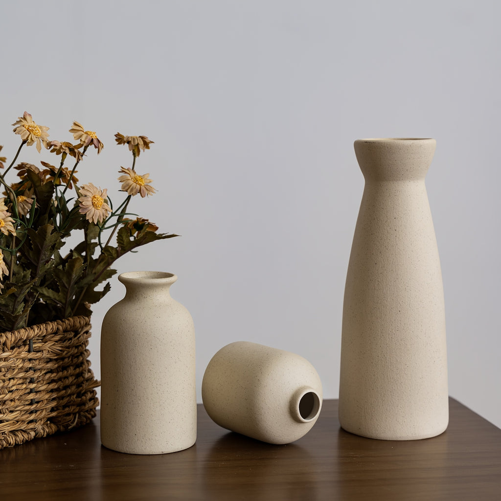 Boho Ceramic Vase Set 3pcs Matte Nordic Minimalist Geometric & Floral Designs, Decorative Vases for Living Room, Entryway, Bookshelf, TV Console & Bathroom Vanity, Holiday & Birthday Gift