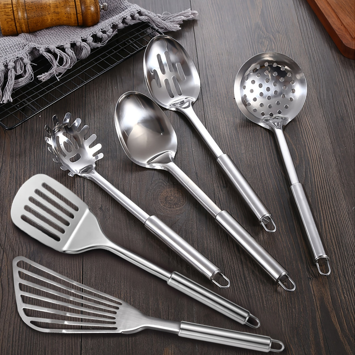 Stainless Steel Kitchen Utensils Set 12-Piece with Holder - Heat Resistant Cooking Utensils Set with Spatula, Ladle, Tongs, Whisk, Skimmer & More, Dishwasher Safe Metal Kitchen Tool Set
