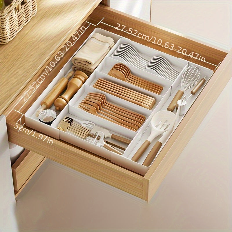 Expandable Kitchen Utensil Drawer Organizer Tray with Adjustable Dividers – Multiple Compartments for Forks, Spoons, Knives & Chopsticks, Durable Plastic, Extra Large 4-Direction Extension for Home Kitchen