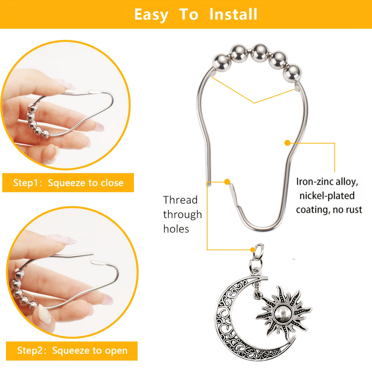 Crescent Shower Curtain Hooks 12 Pack - Silvery Moon Design Cast Iron Rust-Resistant Decorative Curtain Rings, Easy Install for Bathroom Kitchen & Standard Shower Rods