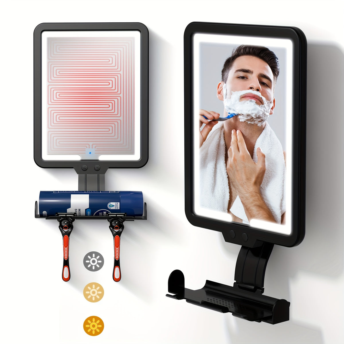 Heated Fog-Free Shower Mirror with LED Light 9.5x7 Inch | Detachable Fogless Bath Mirror with Shaving Foam Base, 2 Razor Holders & 3-Color Adjustable Brightness