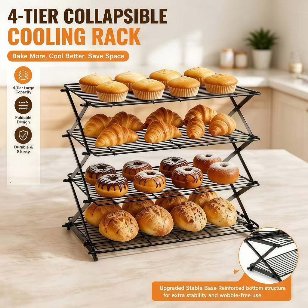 Foldable Cooling Rack Set with Baking Tools – Stackable Oven Cookie Cake Drying Rack, 3/4/5 Piece with Silicone Spatula, Egg Beater & More, Holiday Baking Gift