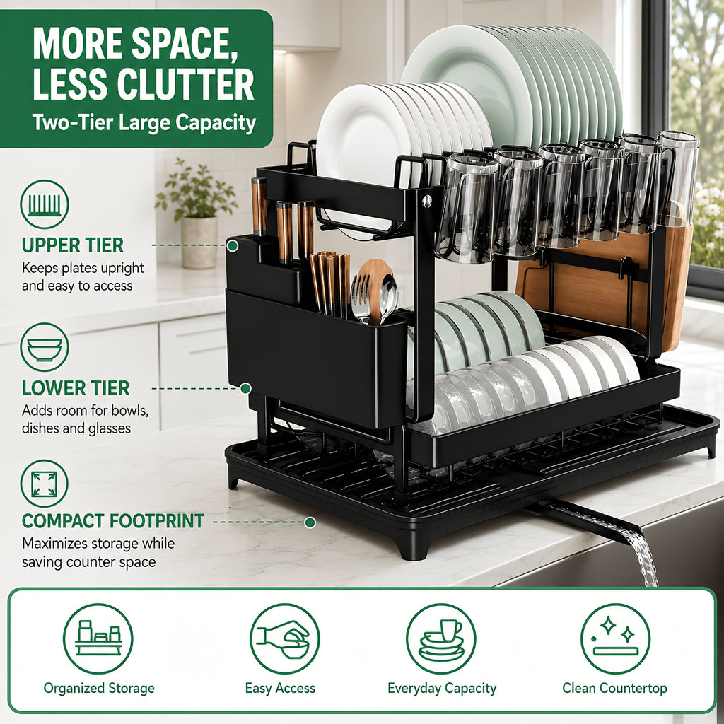 2-Tier Dish Drying Rack with Drainboard – Black Metal Two-Level Dish Drainer with Drainage for Kitchen Counter, Standing Dish Holder Organizer Shelf for Plates, Cups & Utensils