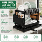 2-Tier Dish Drying Rack with Drainboard – Black Metal Two-Level Dish Drainer with Drainage for Kitchen Counter, Standing Dish Holder Organizer Shelf for Plates, Cups & Utensils