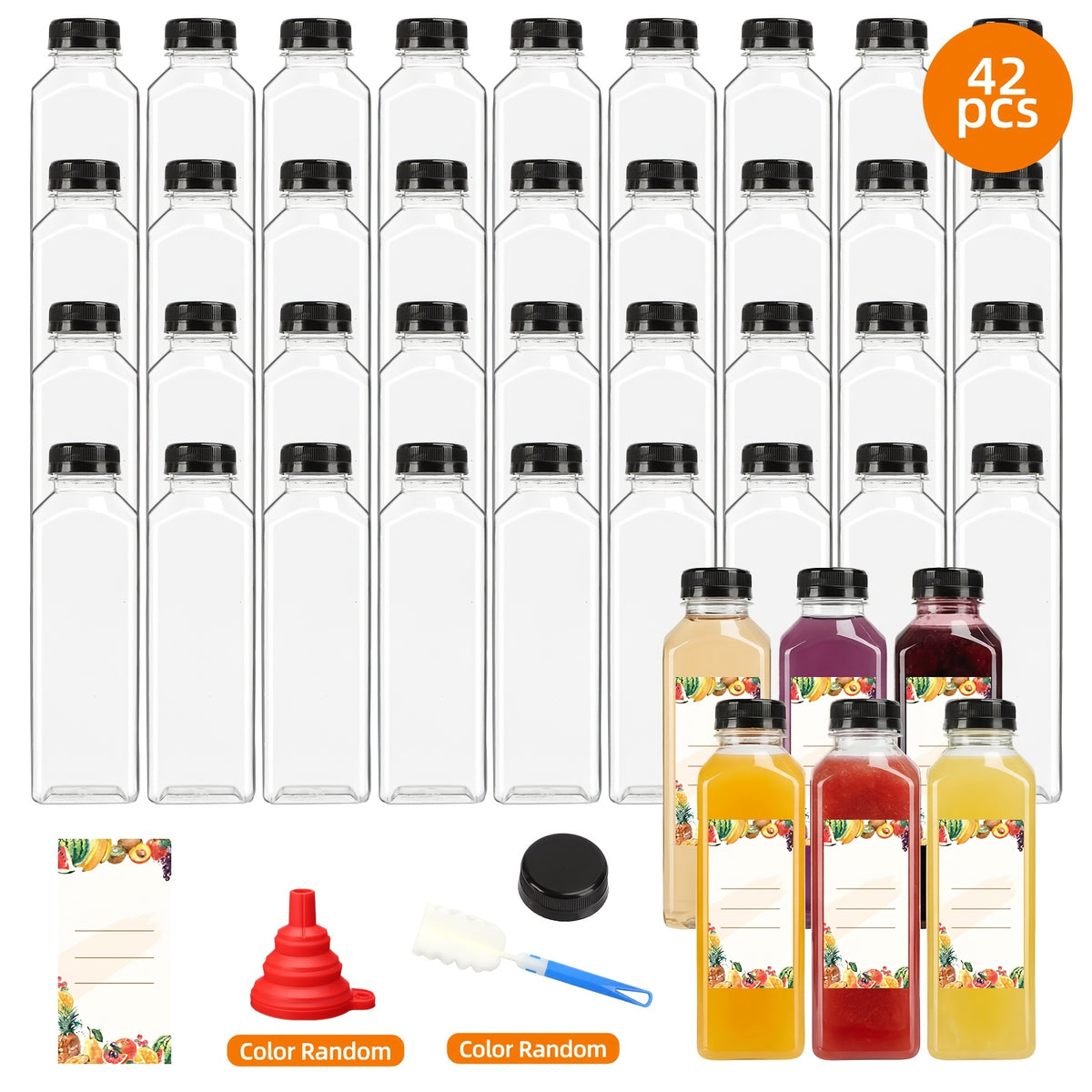16oz Plastic Juice Bottles with Caps Bulk Set - Reusable Clear Beverage Containers with Lids for Juice Smoothies Milk Refrigerator Storage