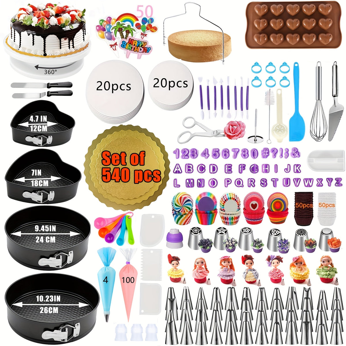 540PCS Cake Decorating Kit with 4 Springform Pans, Rotating Turntable & 55 Icing Tips – Complete Baking Supplies Set with Piping Bags, Fondant Tools & Cupcake Liners for Beginners