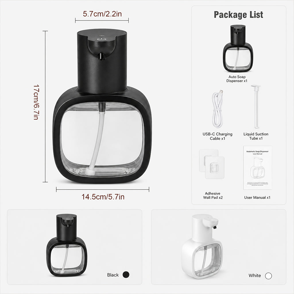 Automatic Foam Soap Dispenser Touchless USB Rechargeable - Wall-Mountable Hands-Free Soap Pump with Adjustable Foam Output for Bathroom, Kitchen & Pet Bathing, Works with Liquid Soap, Body Wash & Dish Detergent - White & Black