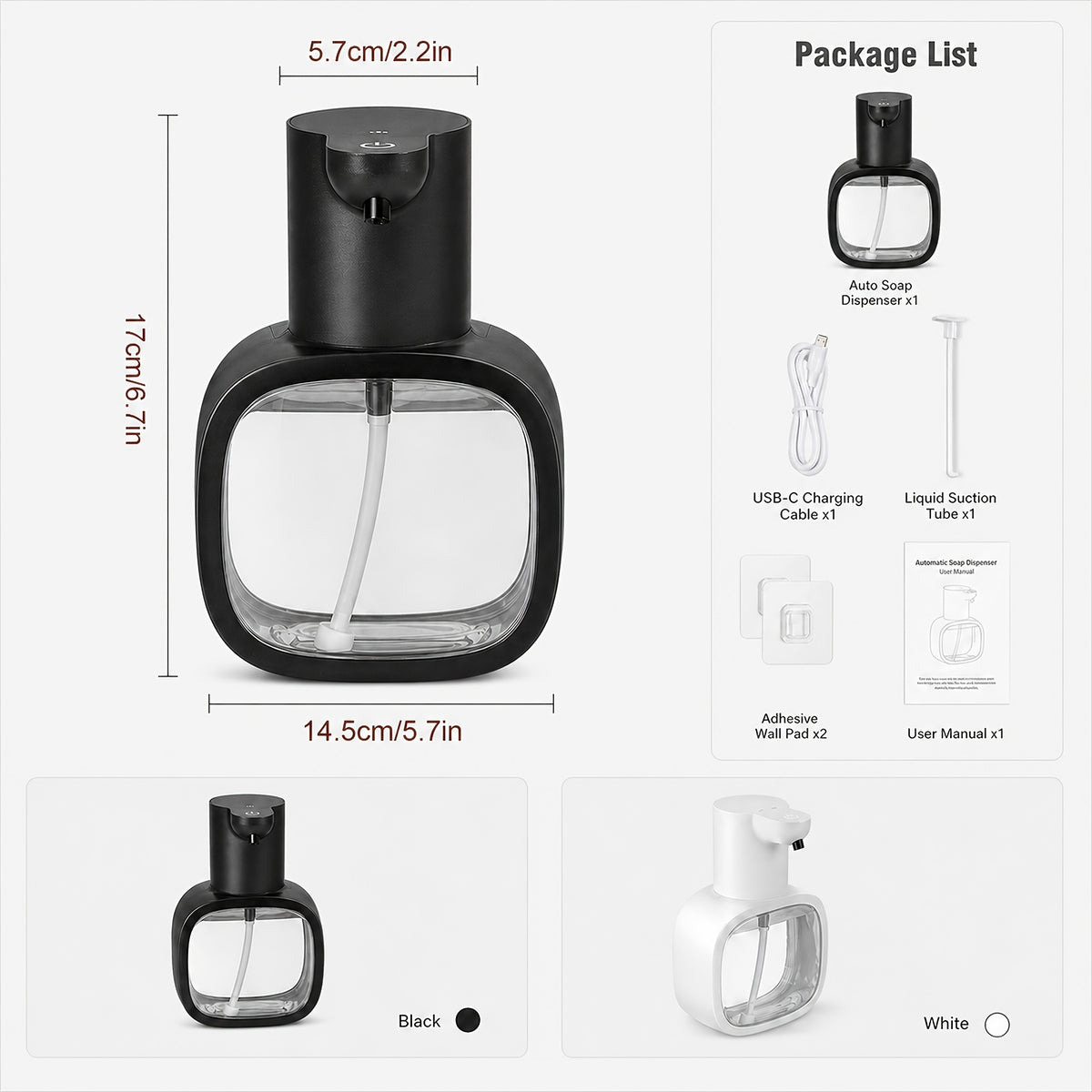 Automatic Foam Soap Dispenser Touchless USB Rechargeable - Wall-Mountable Hands-Free Soap Pump with Adjustable Foam Output for Bathroom, Kitchen & Pet Bathing, Works with Liquid Soap, Body Wash & Dish Detergent - White & Black