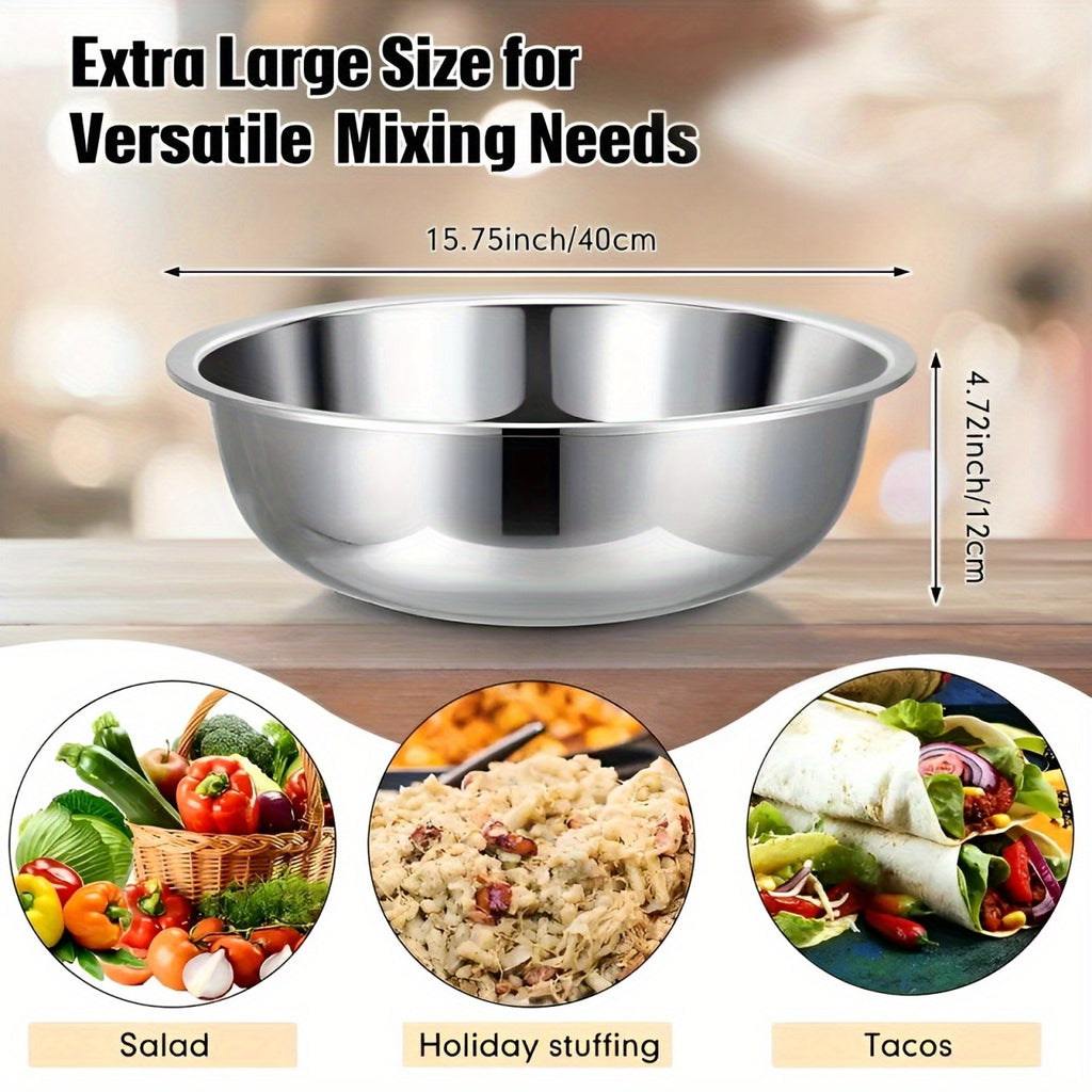 Large Stainless Steel Mixing Bowl 15.74 Inch - Heavy Duty 304 Steel Rustproof Kitchen Bowl for Baking Cooking Pasta Salad Dough, Commercial & Home Prep, Dishwashing Basin