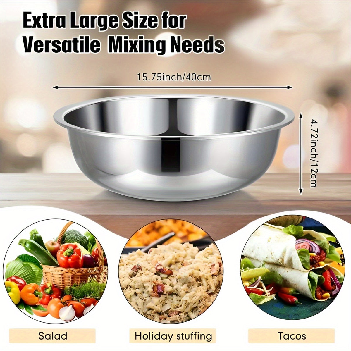 Large Stainless Steel Mixing Bowl 15.74 Inch - Heavy Duty 304 Steel Rustproof Kitchen Bowl for Baking Cooking Pasta Salad Dough, Commercial & Home Prep, Dishwashing Basin