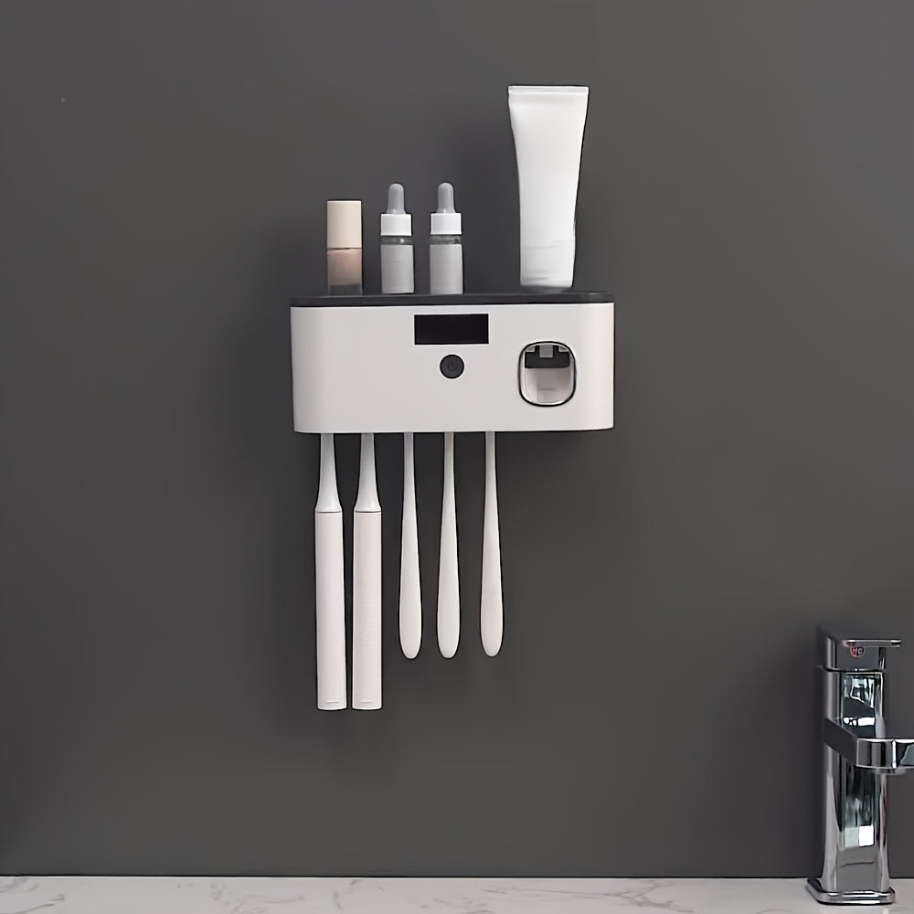 Wall Mounted Toothbrush Holder No Drill 4 Slot Bathroom Toothpaste and Toothbrush Storage Rack Modern Bathroom Organizer White Grey Space-Saving Bathroom Accessories