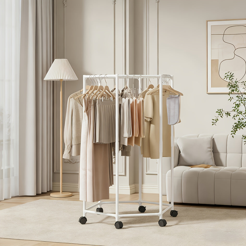 Hexagonal Rotating Clothes Rack with Wheels Large Capacity Freestanding Garment Rack for Bedroom Closet Entryway