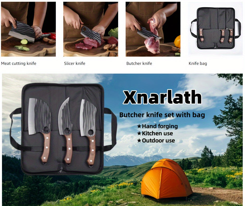 Viking-Inspired Hand-Forged Butcher Knife Set with Carrying Case - High Carbon Steel Cleaver Boning and Vegetable Knife Set for BBQ Camping and Meat Preparation
