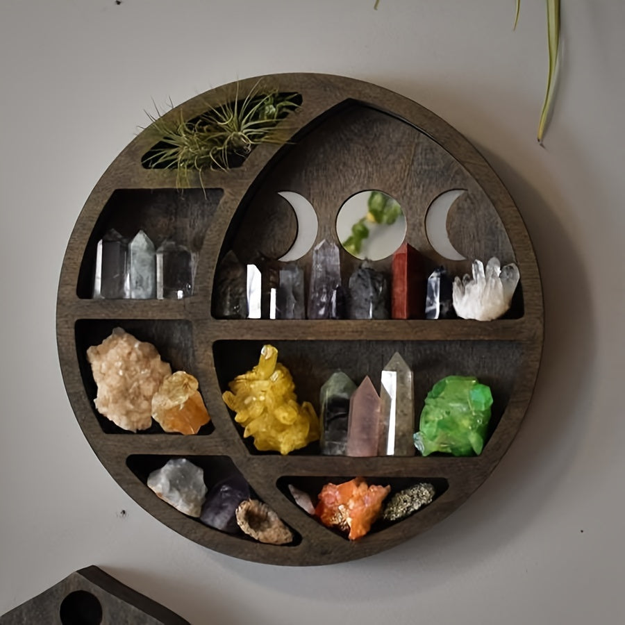 Crescent Moon Crystal Display Shelf – Wooden Floating Wall Shelf for Crystals, Boho Moon Phase Decor, Round & Crescent Shapes for Bedroom Altar Witch Room