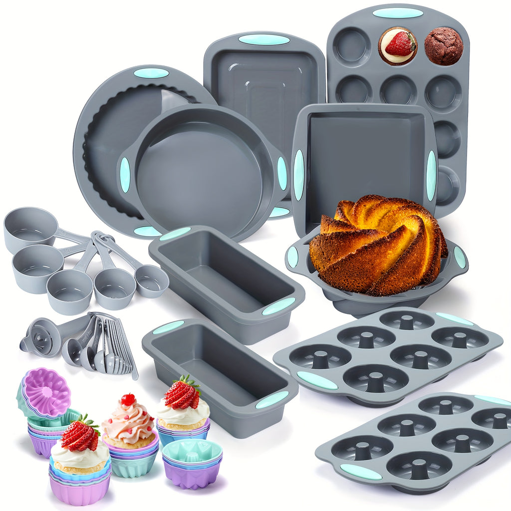 Silicone Bakeware Set 46 & 51 Piece Non-Stick Oven Baking Pans with Muffin Pan Cake Mold Donut Loaf Pan Baking Cups & Measuring Cups Spoons