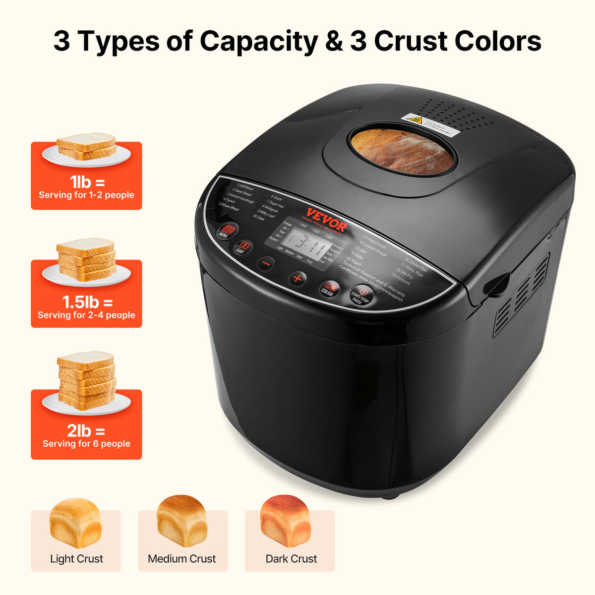 Bread Maker Machine 19-in-1 with Ceramic Non-Stick Pan, 15-Hour Timer, 3 Crust Colors, Auto Keep-Warm – Up to 2 LB Loaf