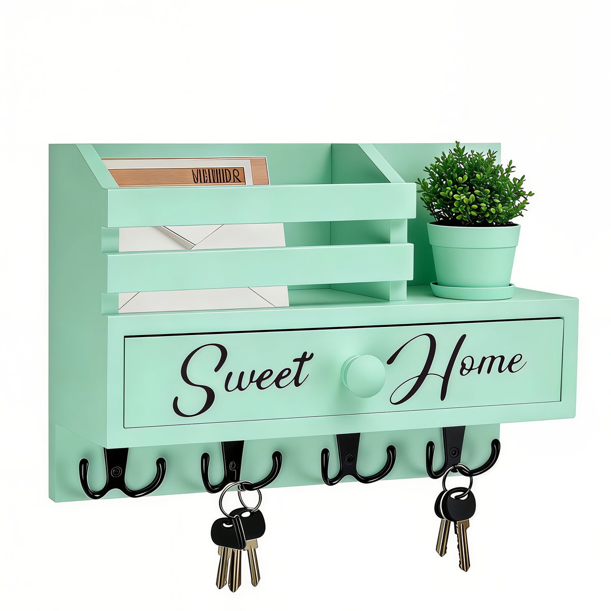 8-Hook Wall-Mounted Key & Mail Holder with Storage Drawer – Rustic Wood Entryway Organizer for Kitchen, Mudroom & Office, Adhesive Paintable Hooks, Space-Saving Easy Install