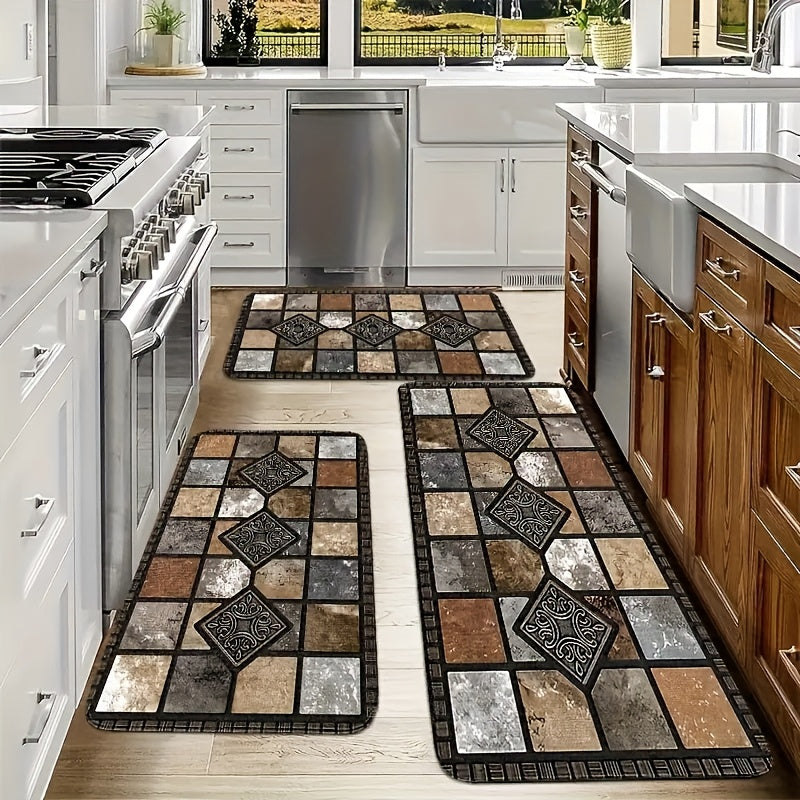 Diatomaceous Earth Kitchen Floor Mats 2-Piece Set – Vintage Plaid Absorbent Non-Slip Fast-Drying Rugs for Kitchen, Bathroom & Hallway