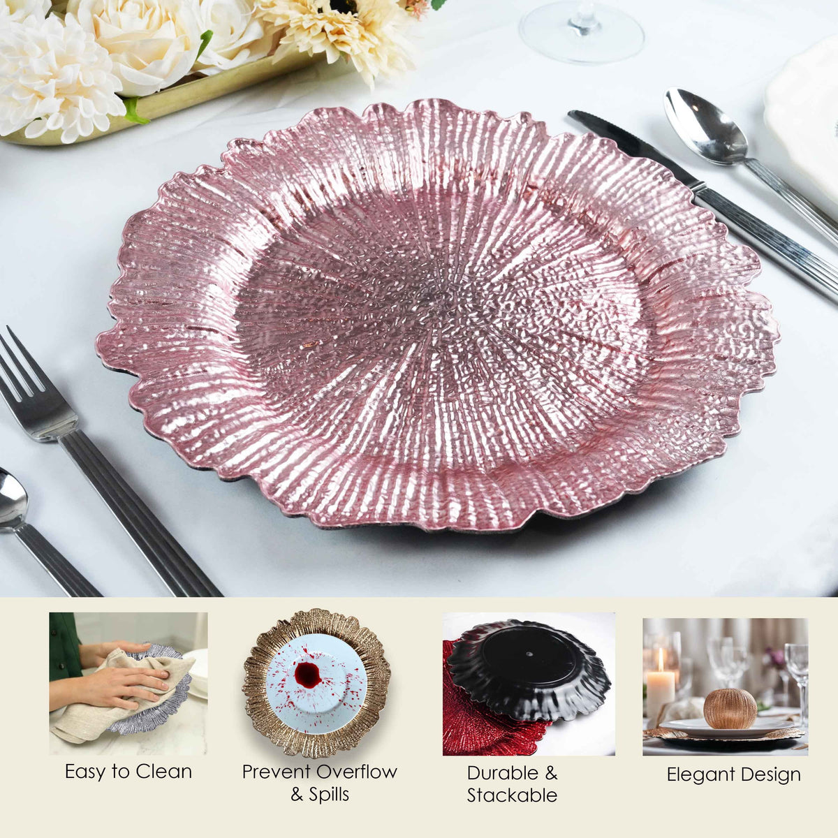Charger Plates Set of 24 – 13 Inch Floral Reef Decorative Dinnerware for Wedding Party Table Setting Silver Gold Rose Gold Red