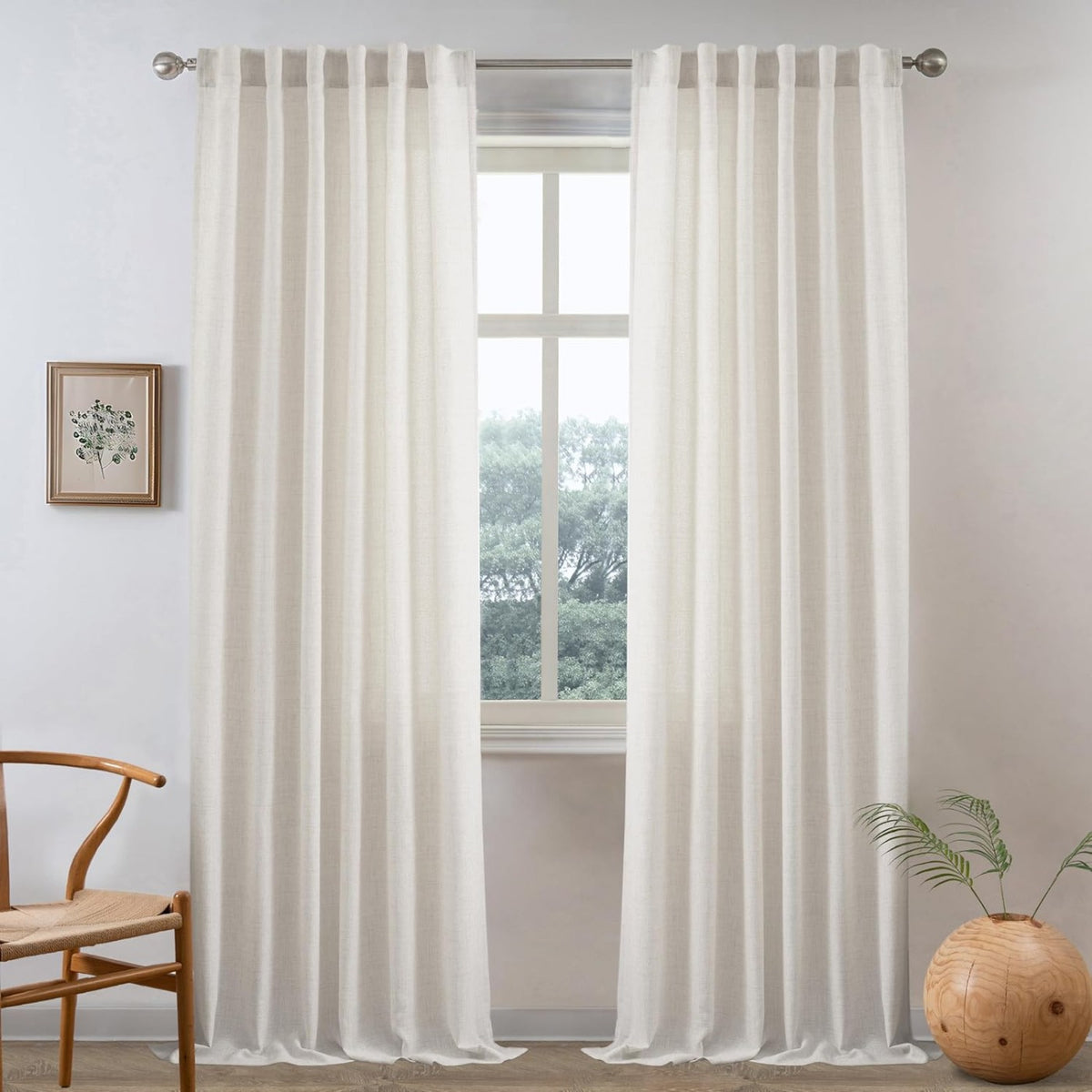 Linen Semi-Sheer Curtains 2 Panels Real Flax Light Filtering Drapes - Boho Farmhouse Window Curtains for Living Room Bedroom, 10 Colors Multiple Lengths Privacy Window Treatment