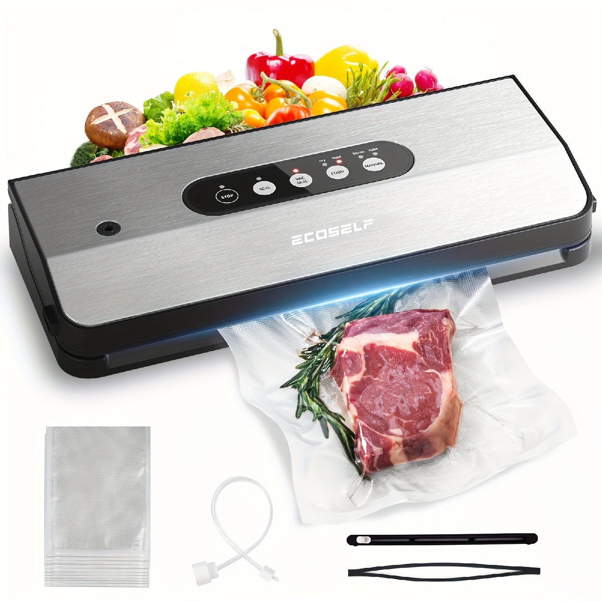 Vacuum Sealer Machine 8-in-1 65kPa Stainless Steel with Built-In Cutter, 10 Bags & External Vacuum Port – Food Sealer for Food Storage & Sous Vide, Model SJ2090