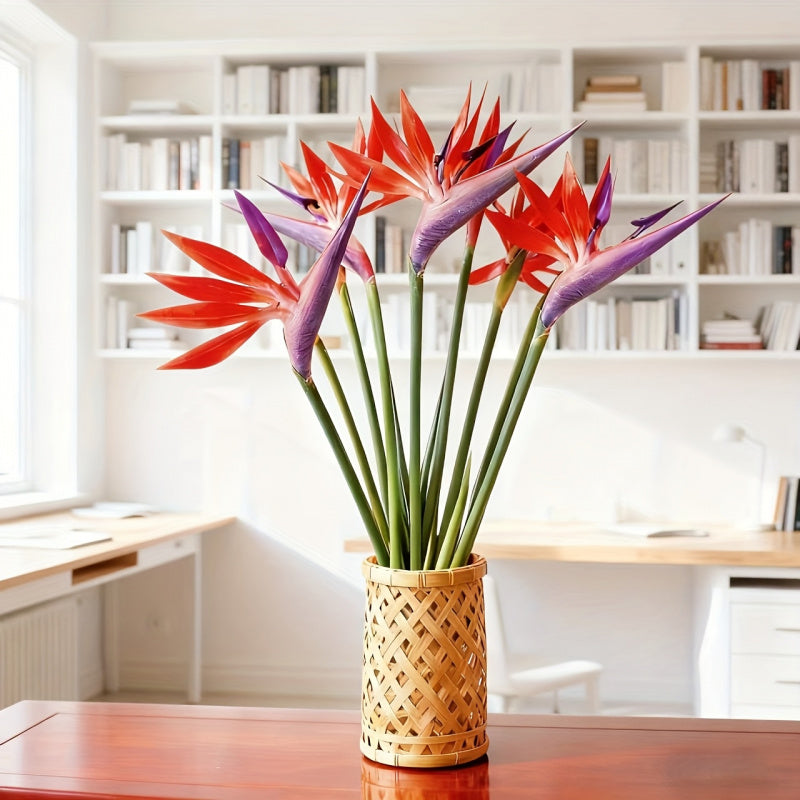 Artificial Bird of Paradise Flowers – 5-Stem Faux Strelitzia Bouquet with Orange & Purple Petals, Lifelike Plastic Stems for Home, Office & Wedding Table Centerpieces