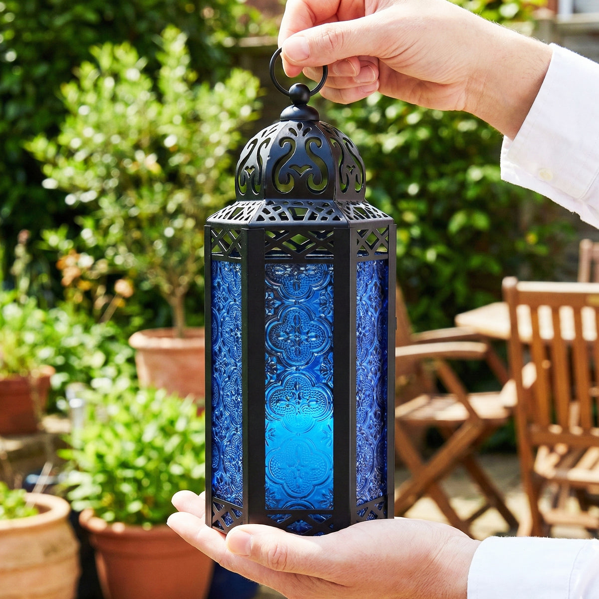 Moroccan Candle Lantern Holder Medium 10.5 Inch – Handcrafted Glass Iron Metal Lantern with Embossed Floral Panels, 17 Colors, Indoor Outdoor Use for Ramadan, Wedding, Patio, Diwali & Home Decor