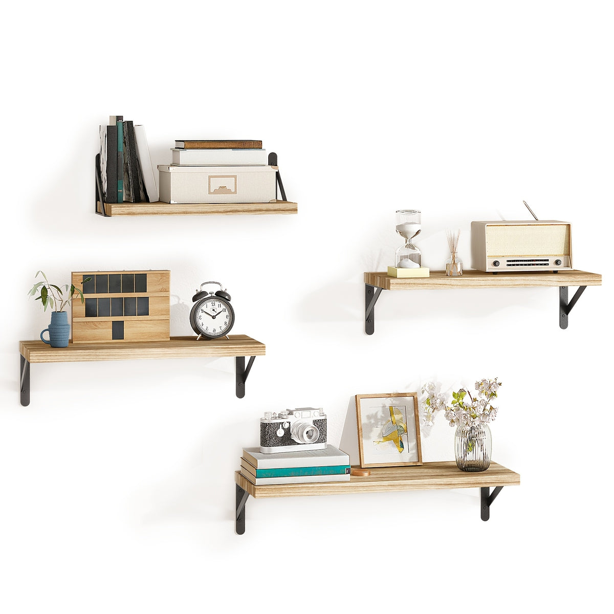 Floating Wall Shelves 4-Pack Wall Mounted Display Shelf for Bedroom Living Room Bathroom Plants Home Decor Storage Wood Color Walnut Black White Light Gray