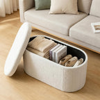 Folding Storage Ottoman Bench – Oval Round Cushioned Foot Stool with Storage Chest, 250 lb Capacity, 30" & 43", Black & White