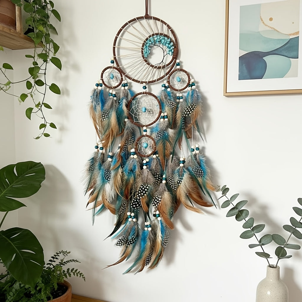 Handmade Feather Dreamcatcher Wall Hanging – Tree of Life Bohemian Wall Decor with Blue Green Brown Plumes, Boho Dream Catcher for Bedroom Living Room Nursery, Spiritual Home Decor Gift