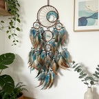Handmade Feather Dreamcatcher Wall Hanging – Tree of Life Bohemian Wall Decor with Blue Green Brown Plumes, Boho Dream Catcher for Bedroom Living Room Nursery, Spiritual Home Decor Gift