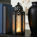 Moroccan Candle Lantern Holder Medium 10.5 Inch – Handcrafted Glass Iron Metal Lantern with Embossed Floral Panels, 17 Colors, Indoor Outdoor Use for Ramadan, Wedding, Patio, Diwali & Home Decor