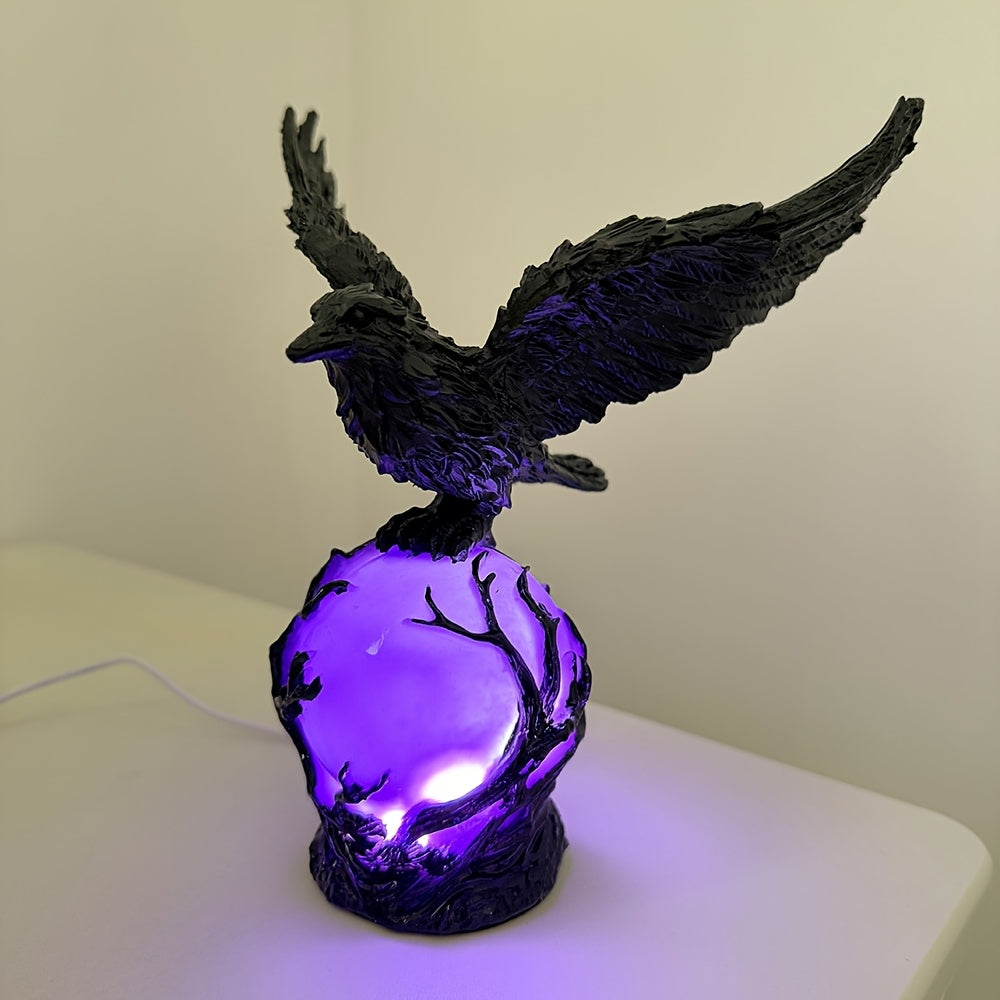 Raven Moonlight Gothic Statue Lamp – Mysterious Raven on a Glowing Sphere, Fantasy Home Decor Light for Bedroom, Study Room & Office – Unique Gift for Gothic Collectors