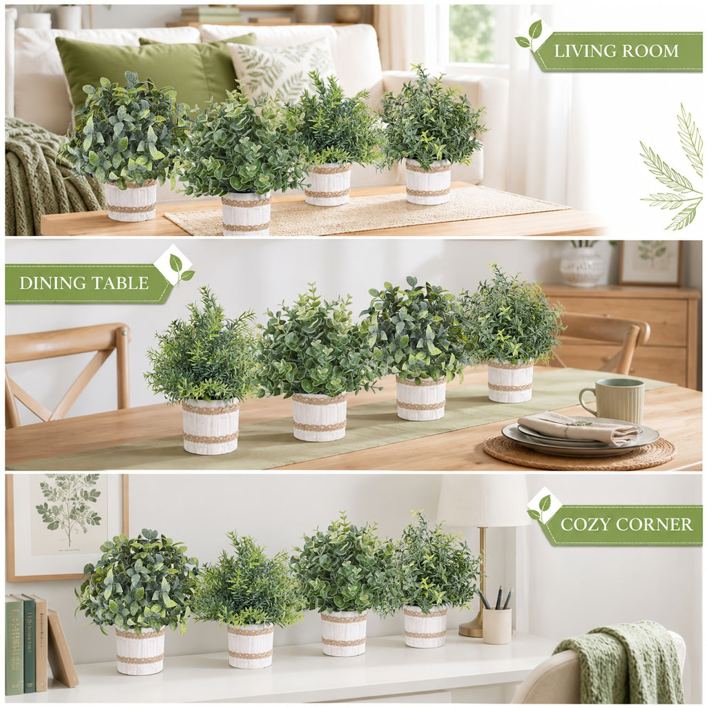4-Pack Small Artificial Potted Plants Indoor Faux Greenery in Paper Pulp Pots for Shelf Desk Home Farmhouse Bathroom Room Decor