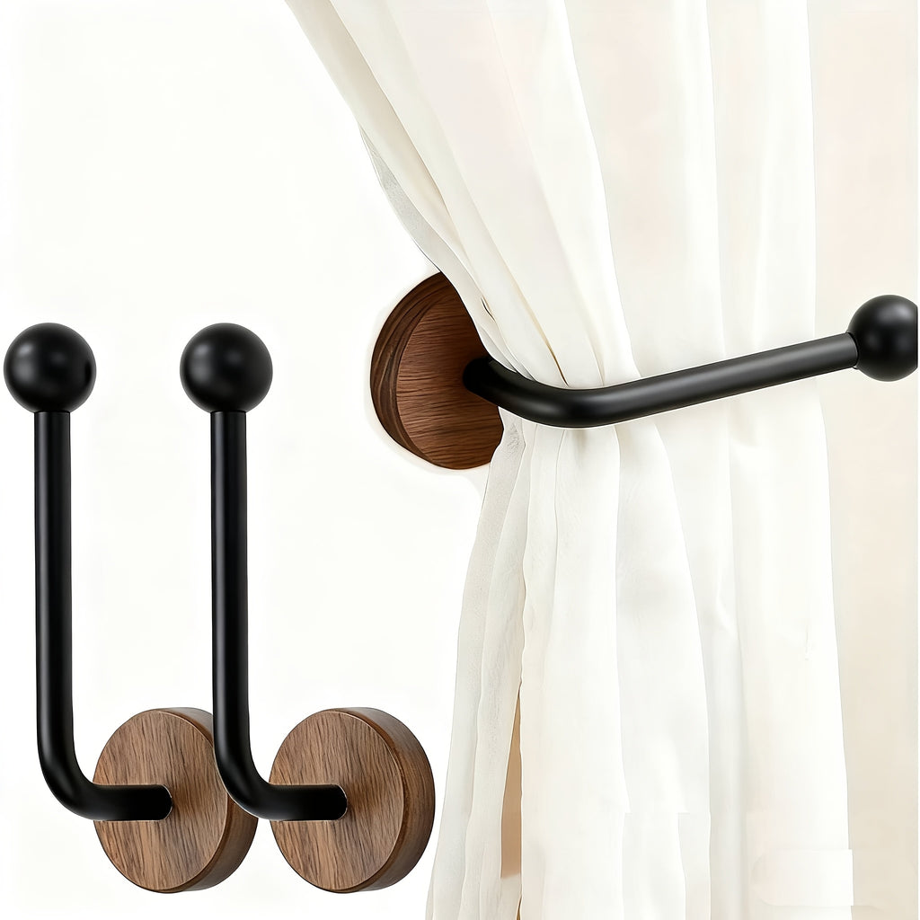 Curtain Holdbacks No Drill Wall Mounted 2 Pack Walnut Wood Base Boho Tieback for Drapes Panels Sheers – Rustic Minimalist Decor for Living Room, Bedroom & Door