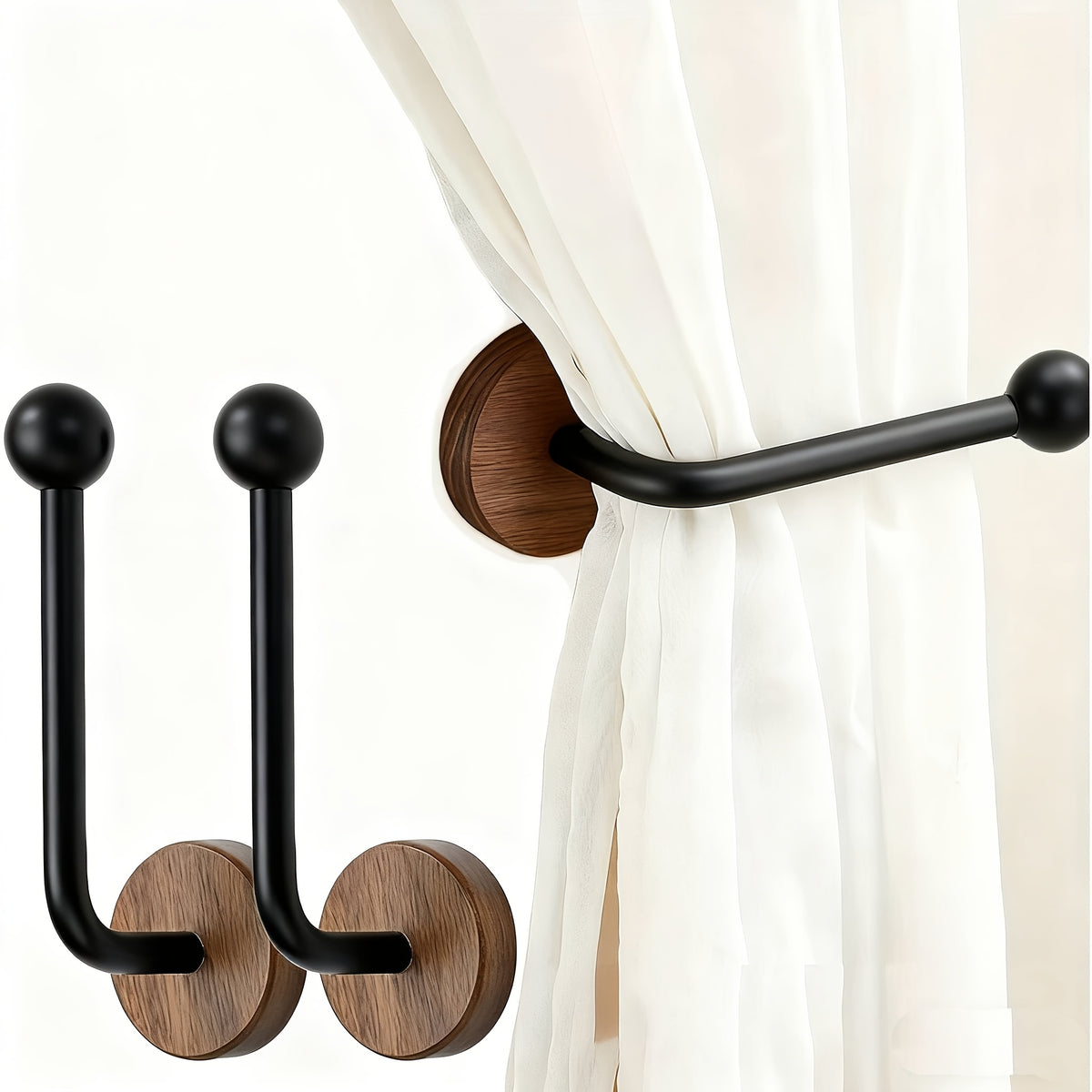 Curtain Holdbacks No Drill Wall Mounted 2 Pack Walnut Wood Base Boho Tieback for Drapes Panels Sheers – Rustic Minimalist Decor for Living Room, Bedroom & Door