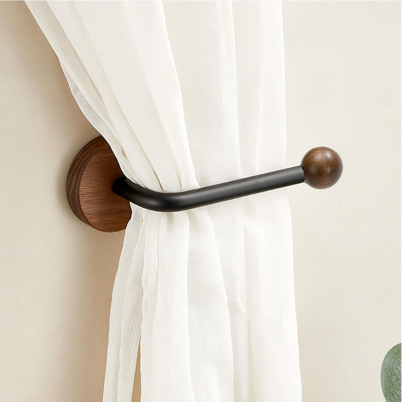 Curtain Holdbacks No Drill Wall Mounted 2 Pack Walnut Wood Base Boho Tieback for Drapes Panels Sheers – Rustic Minimalist Decor for Living Room, Bedroom & Door