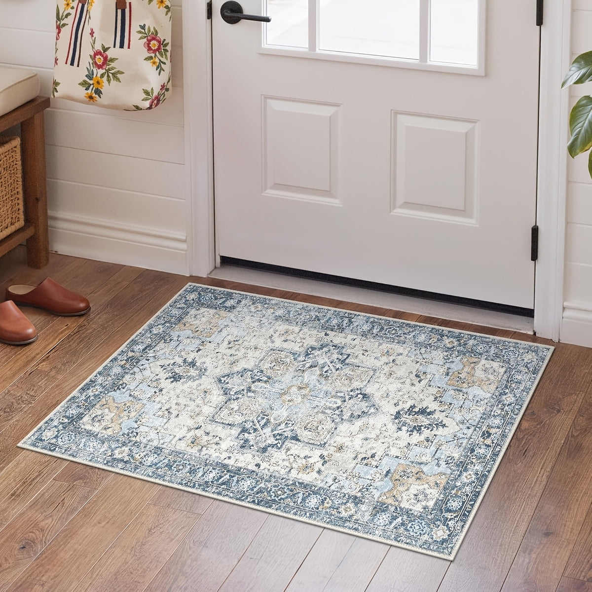 Vintage Retro Area Rug – Machine Washable Non-Slip Low Pile Chenille Print Carpet for Living Room, Bedroom, Dining Room & Home Office, Blue, Multiple Sizes