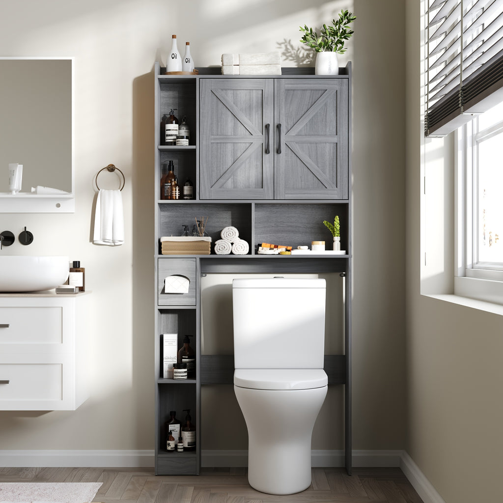 Farmhouse Over Toilet Cabinet with Sliding Doors Engineered Wood Adjustable Shelf Toilet Paper Holder Stand Space Saving Bathroom Storage No Wall Mount Multiple Colors