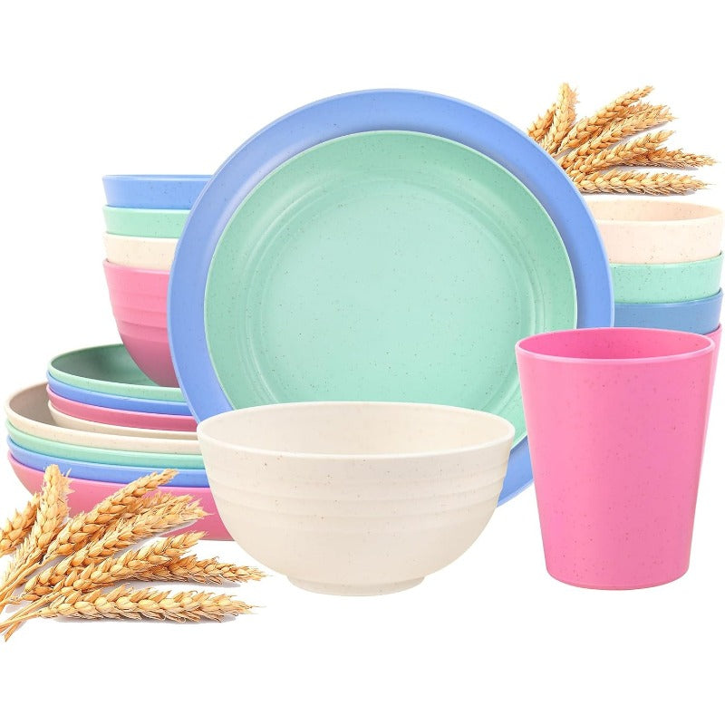 16 or 32pcs Wheat Straw Dinnerware Set Plates and Bowls Microwave Dishwasher Safe Durable Plastic Tableware for 8 – Party Gifts Multiple Colors